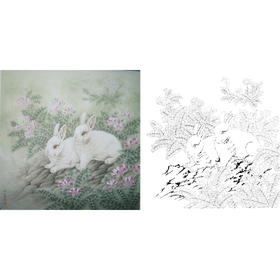 工笔动物白描底稿-李保山《玉兔》-斗方小品册页-多种白描尺寸可选-EL02