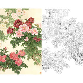 竖幅工笔花鸟白描底稿-牡丹-金鸿钧《繁荣茂盛》-多种白描尺寸可选-JR02