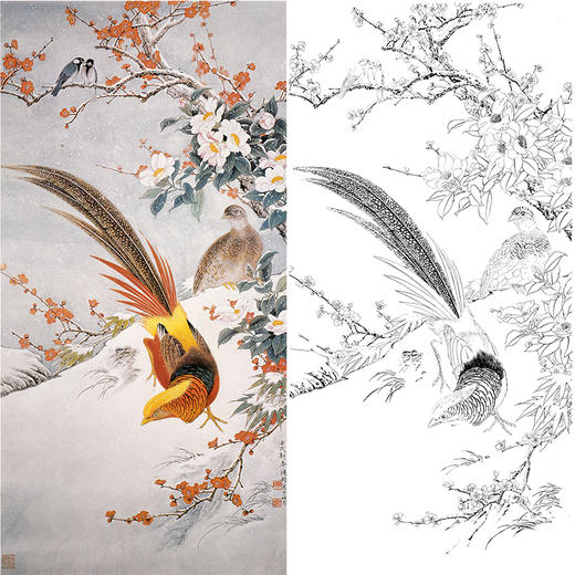 竖幅工笔花鸟白描底稿-梅花山茶花锦鸡-金鸿钧《瑞雪迎春》-多种白描尺寸可选-JR14 商品图0