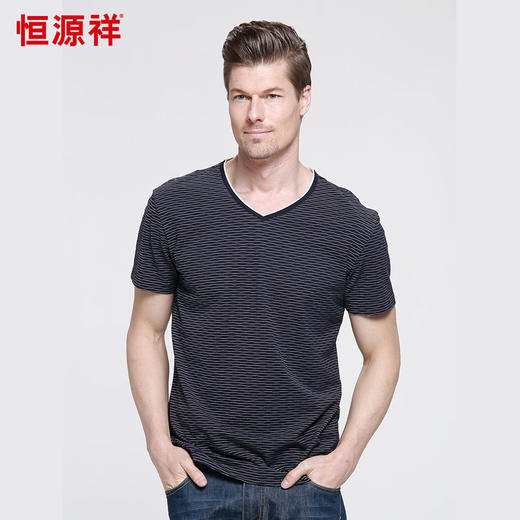 恒源祥男士夏季新款简约水波条纹V领短袖T恤 01153029 商品图2