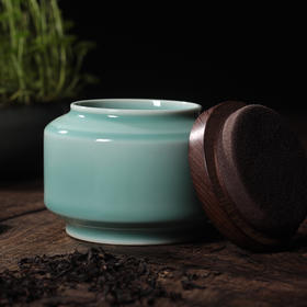 尚唐丨龙泉青瓷 茶叶罐 鸡翅木盖 青木方圆款  