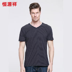 恒源祥男士夏季新款简约水波条纹V领短袖T恤 01153029