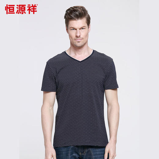 恒源祥男士夏季新款简约水波条纹V领短袖T恤 01153029 商品图0