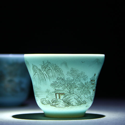 【宝瓷林】单杯 天青墨彩山水束腰杯 商品图3