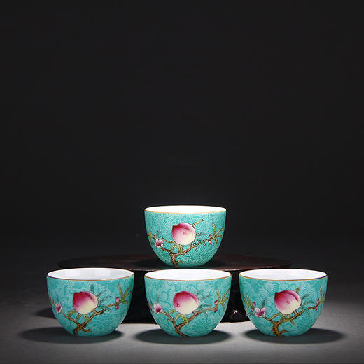 【宝瓷林】湖水绿扒花粉彩九桃小罗汉杯5头茶具 商品图3