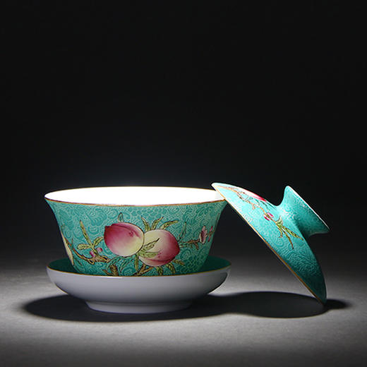 【宝瓷林】湖水绿扒花粉彩九桃小罗汉杯5头茶具 商品图1