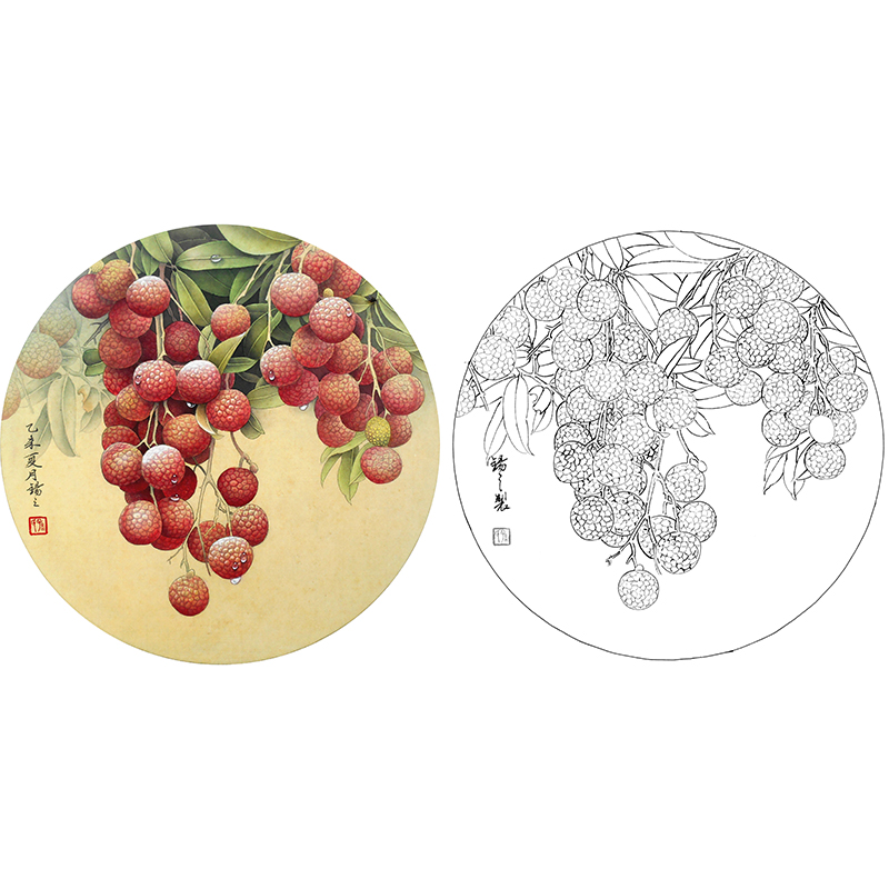 斗方小品花鸟-孙锡之-荔枝-sx01 - 工笔底稿商城