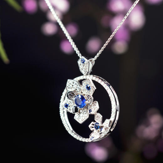 「临水照花」蓝宝石钻石白金吊坠 商品图1