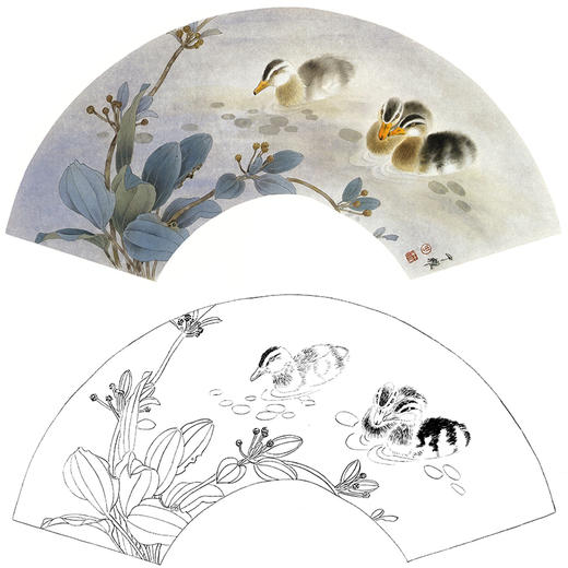 工笔花鸟白描底稿《小雏无猜逐清幽》扇面小品-多种白描尺寸可选SL23 商品图0