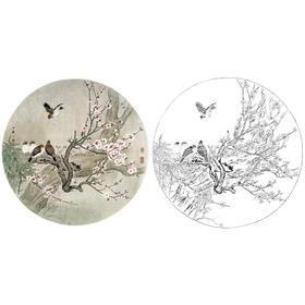 工笔花鸟白描底稿-周中耀小品《聚落恋梅花》-多种白描尺寸可选-ZY12
