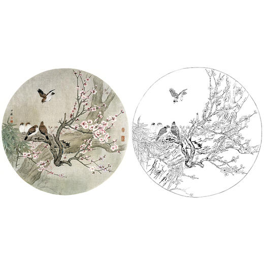 工笔花鸟白描底稿-周中耀小品《聚落恋梅花》-多种白描尺寸可选-ZY12 商品图0