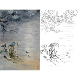 竖幅工笔花鸟白描底稿-周中耀《低头想鱼虾》-多种白描尺寸可选-ZT02