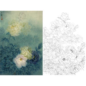 竖幅工笔花鸟白描底稿-周中耀-牡丹《朝晖未上国色妍》-多种白描尺寸可选-ZT01