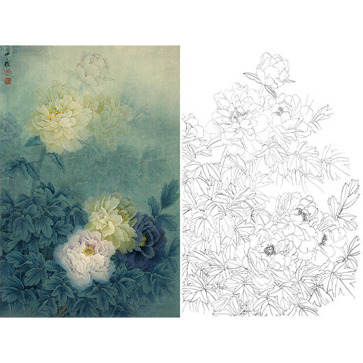 竖幅工笔花鸟白描底稿-周中耀-牡丹《朝晖未上国色妍》-多种白描尺寸可选-ZT01 商品图0