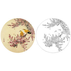 工笔花鸟白描底稿-周中耀-桃花黄鹂小品《闹春》-多种白描尺寸可选-ZY13