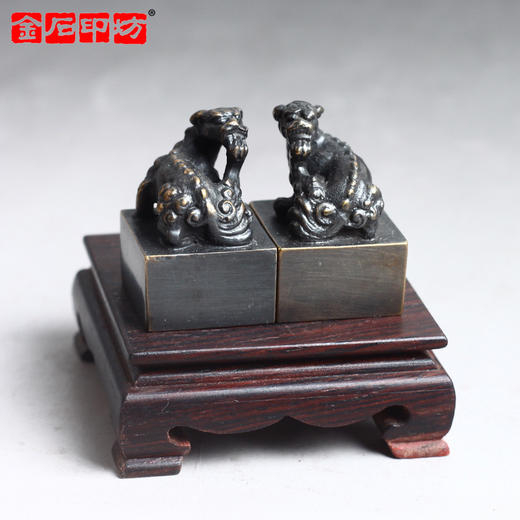 金石印坊 黄铜仿古麒麟对印方章印坯-HT07 配亚麻布袋 商品图0