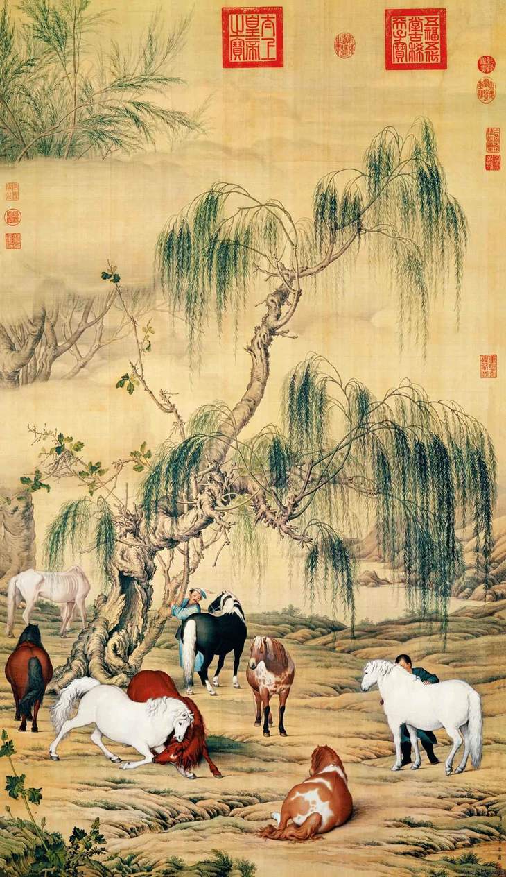 图中八匹骏马神态各异,色彩外貌准确生动,无不栩栩如生.