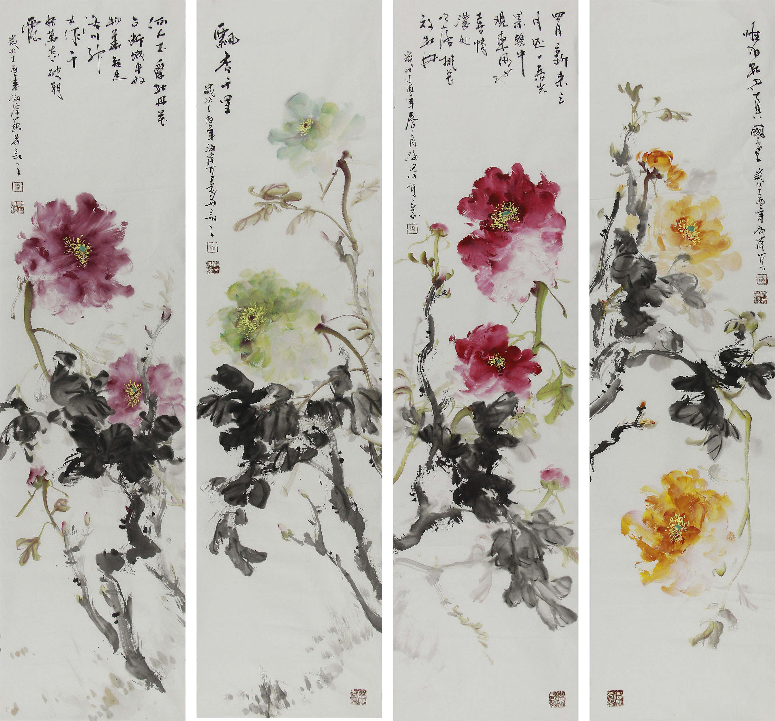 梁海岸老师作品29206.花鸟四条屏 138x35cmx4 约17.