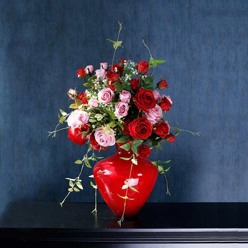 皇室玫瑰花瓶花艺摆件 台面陶瓷花器玫瑰仿真花假花客厅装饰插花 绢花