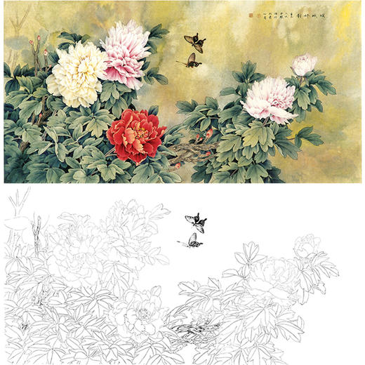 横幅工笔花鸟白描底稿四尺六尺-周中耀牡丹蝴蝶《倾城娇韵》-多种白描尺寸可选-LQ03 商品图0