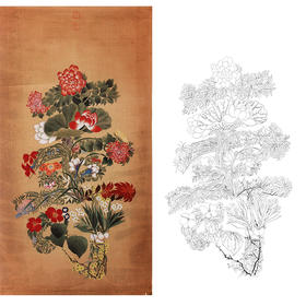 竖幅工笔花鸟白描底稿-寿字花-LQ11
