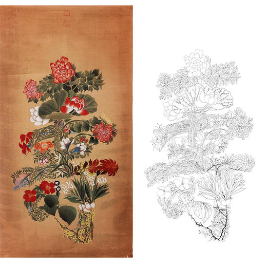 竖幅工笔花鸟白描底稿-寿字花-LQ11 商品图0