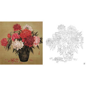 工笔花鸟白描底稿-牡丹花瓶-斗方小品册页-LQ04