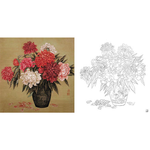 工笔花鸟白描底稿-牡丹花瓶-斗方小品册页-LQ04 商品图0