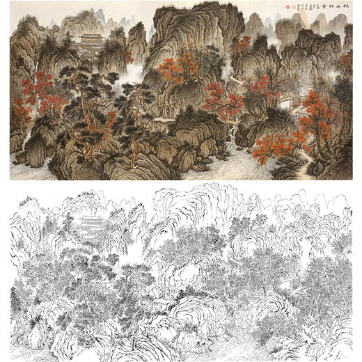 刘彦水横幅工笔山水白描底稿-《秋山林宇》-多种白描尺寸可选-LQ20 商品图0