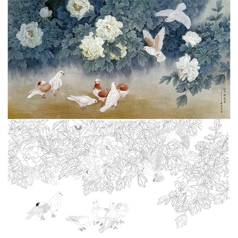 横幅四尺六尺工笔花鸟白描底稿-牡丹鸽子-周中耀《和平捧盛图》-多种白描尺寸可选-LQ01