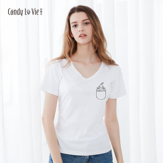 奶糖派两周年纪念款 大胸修身显瘦剪裁纯棉白色印花T恤 商品图2