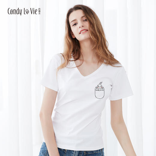 奶糖派两周年纪念款 大胸修身显瘦剪裁纯棉白色印花T恤 商品图3