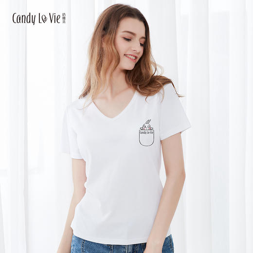 奶糖派两周年纪念款 大胸修身显瘦剪裁纯棉白色印花T恤 商品图0