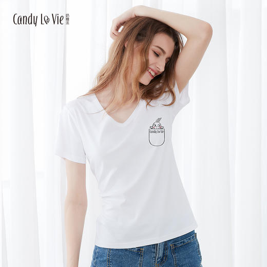 奶糖派两周年纪念款 大胸修身显瘦剪裁纯棉白色印花T恤 商品图1