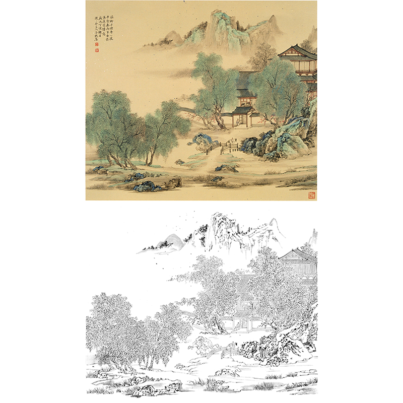 工笔山水人物白描底稿-斗方小品册页-李子牧-LQ35