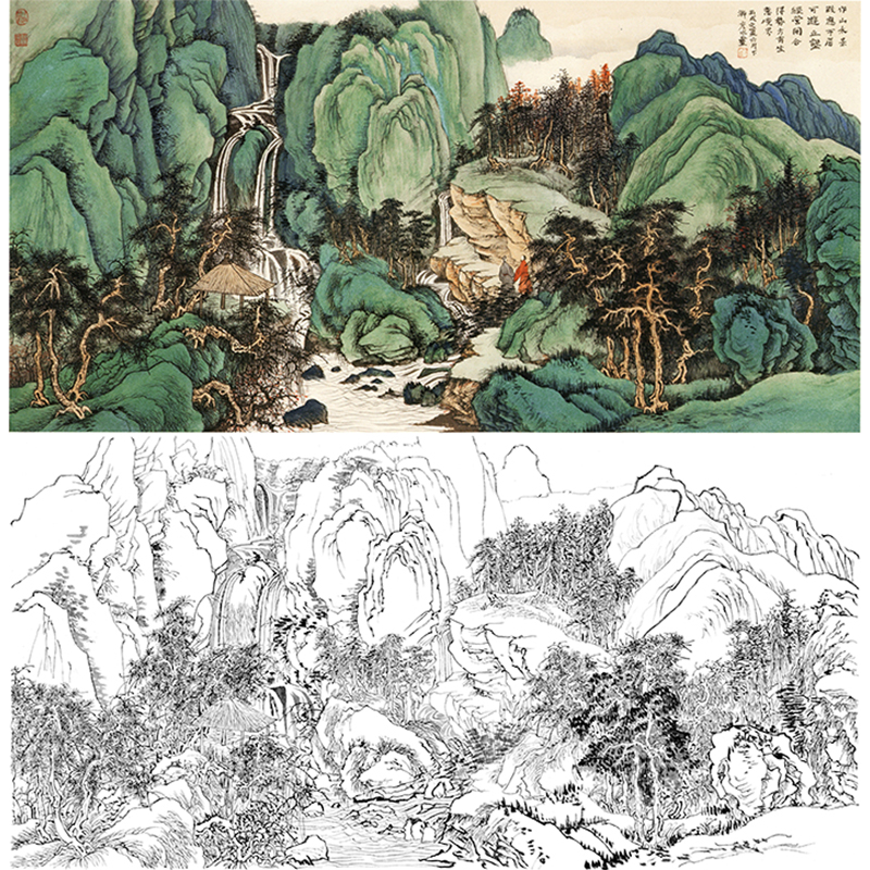 刘彦水白描底稿-横幅工笔山水-《石瀑图》-多种白描尺寸可选-lq23