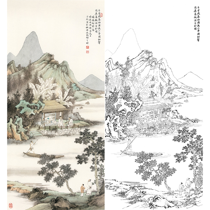 白描底稿-竖幅工笔山水人物李子牧-LQ48