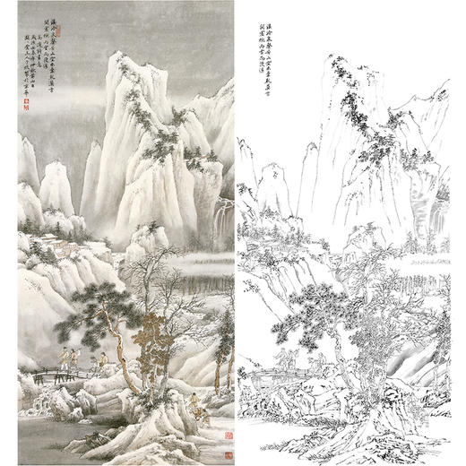 竖幅工笔山水人物白描底稿-李子牧-LQ50 商品图0
