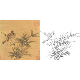 宋画花鸟白描底稿-吴炳《竹雀图》-斗方小品册页-GH34