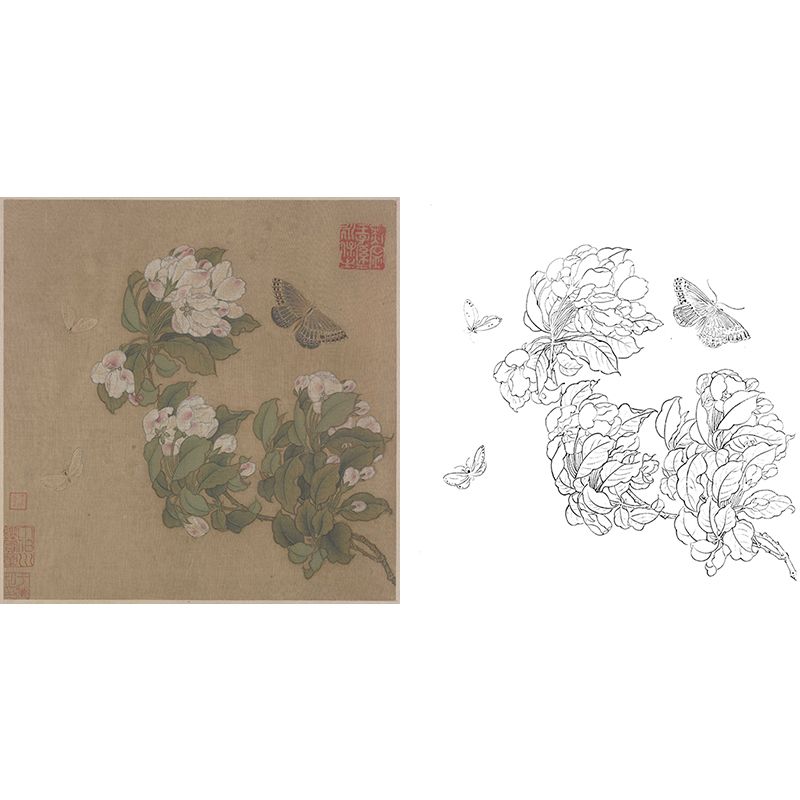 宋画花鸟小品白描底稿-佚名-海棠蛱蝶图-gh36