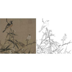 宋画花鸟白描底稿-佚名《梅竹双鹊图》-斗方小品册页-GH40