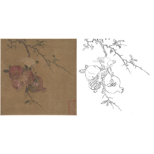 宋画花鸟白描底稿-马麟《石榴文鸟图》-斗方小品册页-GH46 商品图0