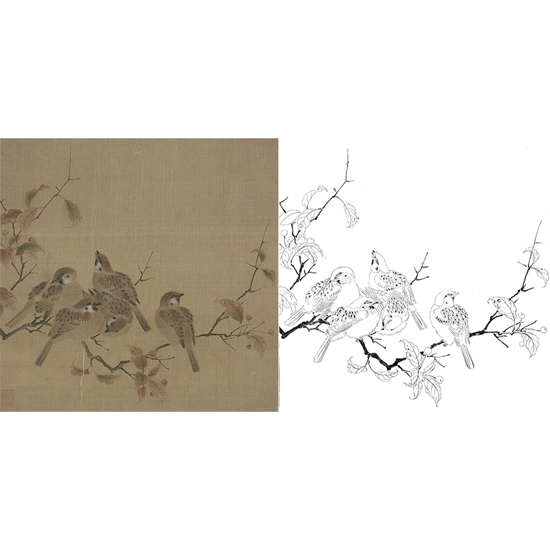 宋画花鸟白描底稿-佚名《瓦雀栖枝图》-斗方小品册页-GH63