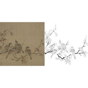 宋画花鸟白描底稿-佚名《瓦雀栖枝图》-斗方小品册页-GH63