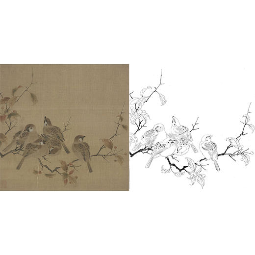 宋画花鸟白描底稿-佚名《瓦雀栖枝图》-斗方小品册页-GH63 商品图0