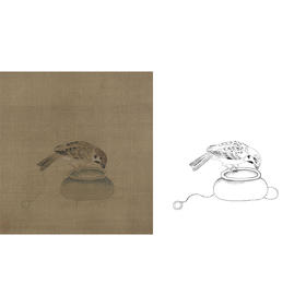 宋画花鸟白描底稿-佚名《驯禽俯啄图》-斗方小品册页-GH65