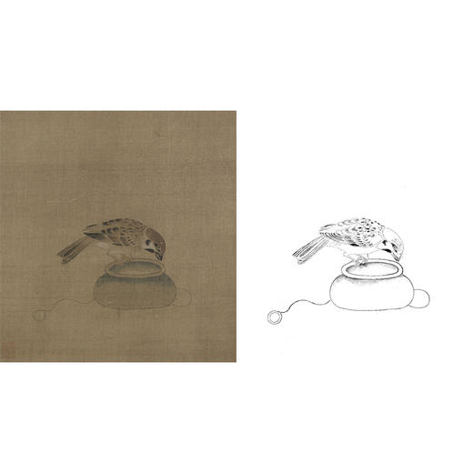宋画花鸟白描底稿-佚名《驯禽俯啄图》-斗方小品册页-GH65 商品图0