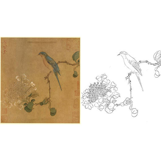 宋画花鸟白描底稿-佚名《琼花翠禽图》-斗方小品册页-GH75 商品图0