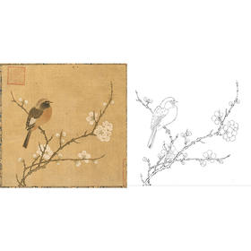 宋画花鸟白描底稿-佚名《桃枝栖雀图》-斗方小品册页-GH62