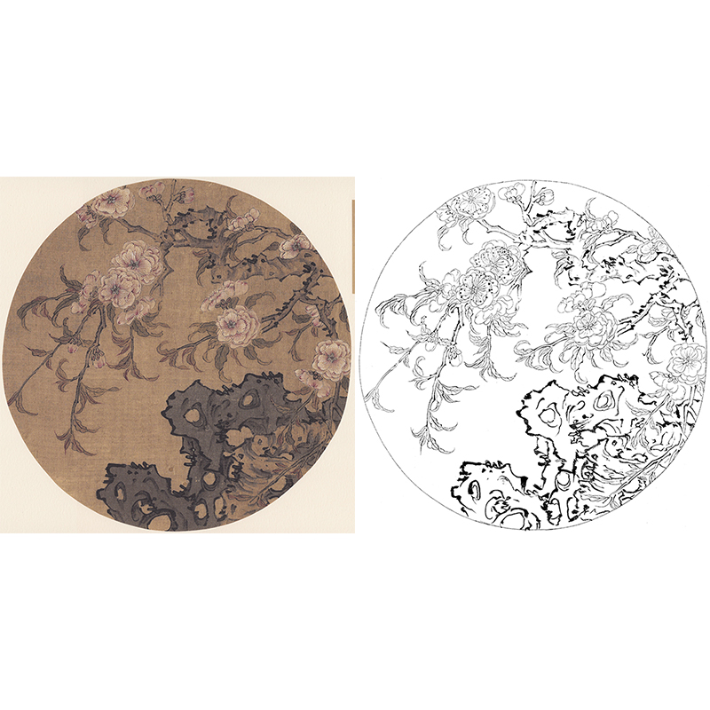 宋画花鸟小品白描底稿-马世荣《碧桃倚石图》-多种白描尺寸可选-GH47